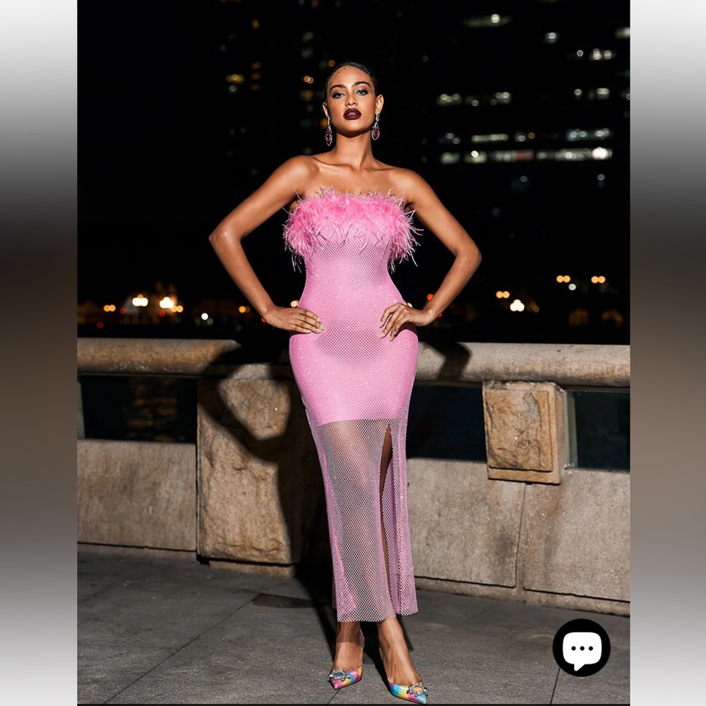 Mewmews Barbie Mesh Rhinestone Maxi Bandage Dress In Hot Pink